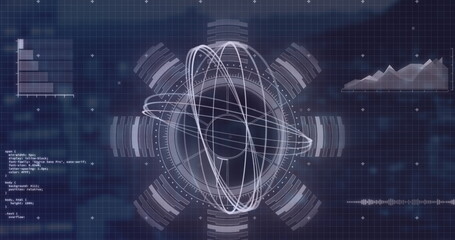 Image of rotating circles and data processing on navy background