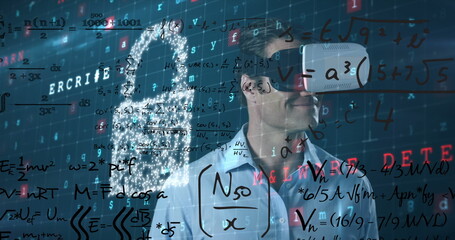 Image of digital padlock and virus scanning over caucasian man in vr headset