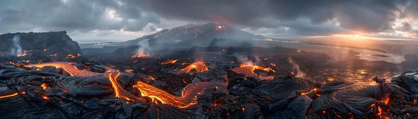 Foto op Plexiglas Capture the dynamic contrast between the intense heat and the serene beauty of volcanic landscapes Show the rugged terrain and flowing lava in a wide-angle shot that conveys both power and elegance © AArt