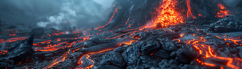 Capture the dynamic contrast between the intense heat and the serene beauty of volcanic landscapes Show the rugged terrain and flowing lava in a wide-angle shot that conveys both power and elegance - obrazy, fototapety, plakaty