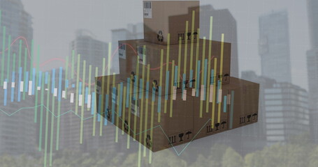 Image of data processing over boxes and cityscape