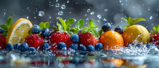 Fruits & Berries in a Refreshing Splash Symphony. Concept Fruit Photography, Berry Photography, Refreshing Splash, Symphony of Fruits, Vibrant Ingredients - obrazy, fototapety, plakaty