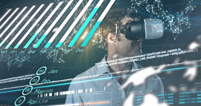 Image of connections, financial data over caucasian man in vr headset
