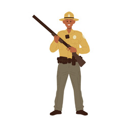 Man forest ranger cartoon character standing with riffle vector illustration isolated on white