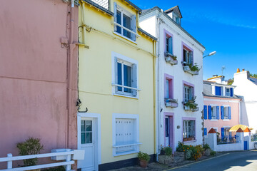 Sauzon in Belle-Ile, Brittany, typical street in the village, with colorful houses
- 785452389