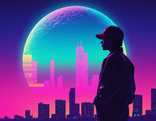 silhouette of a person looking at the city, vaporwave wallpaper