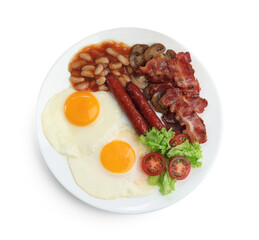 Delicious breakfast with sunny side up eggs isolated on white, top view