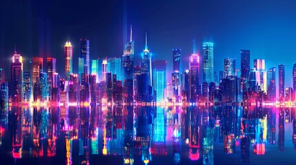Vibrant cityscape reflections on water at night