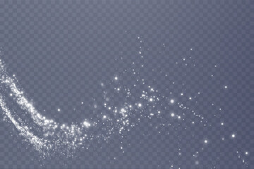 White png dust light. Christmas background of shining dust Christmas glowing light bokeh confetti and spark overlay texture for your design. White festive curve wind Png.