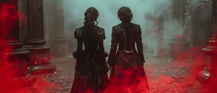 Gothic Elegance: Vampiric Cosplayers in a Misty Realm. Concept Gothic Fashion, Cosplay, Vampires, Misty Atmosphere, Elegance