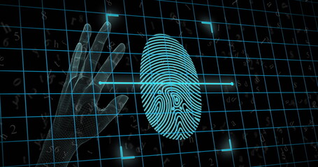 Image of biometric fingerprint, hand, data processing over grid