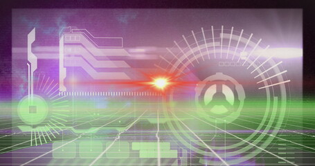 Image of light over digital screen with diverse data