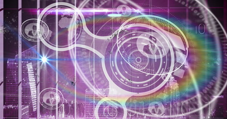 Image of flare, digital circles with globe, profile icons and binary code over city