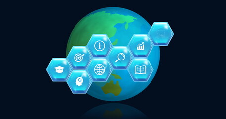 Image of education and learning icons on blue hexagons over globe on blue background