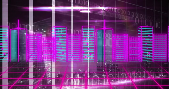 Image of metaverse city over digital screen with diverse data
