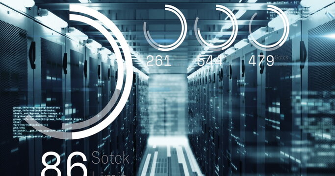 Image of geometric shapes and rotating in network of connections over data processing