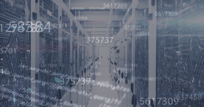 Image of numbers, letters and data processing over servers