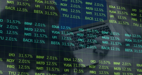 Fototapeta premium Image of computer circuit board and stock market over man using laptop