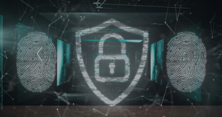 Image of padlock icon with fingerprints over data processing on black background