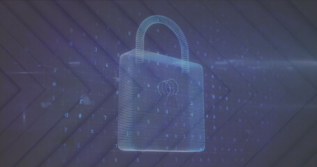 Image of padlock icon over data processing and shapes on black background