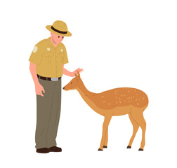 Young man forest ranger cartoon character feeding deer caring wild animals in natural habitat
