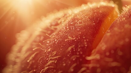 Golden rays illuminate the velvety texture of a peach, focusing on the delicate fuzz. Peach fuzz...