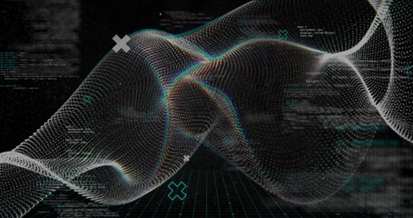 Image of white shapes over data processing on black background