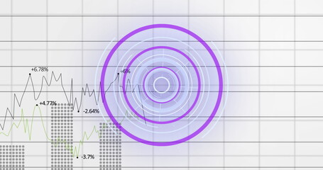 Image of round scanner over grid network against statistical data processing on grey background