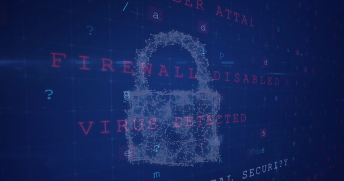 Image of padlock and cloud icon over data processing on blue background