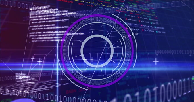 Image of round scanner over stock market data processing and light trail against blue background