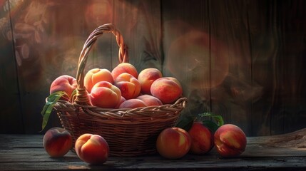 Morning light accents the peach fuzz on ripe peaches in a basket, glowing on wood table. Peach fuzz color