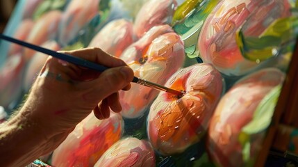Artist painting a still life with peaches, capturing the subtle peach fuzz texture in detail. Peach...