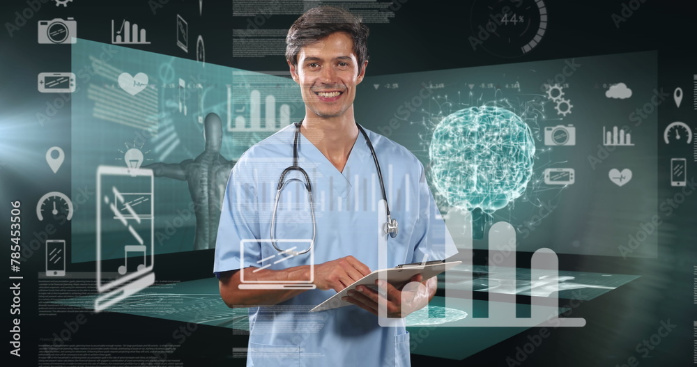 Wall mural image of data processing and globe over male doctor using tablet