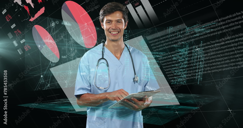Wall mural image of data processing over businessman using tablet