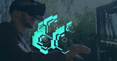 Image of hexagon shapes over caucasian businessman wearing virtual reality simulator in office