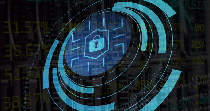 Image of scope scanning over financial data processing on black background