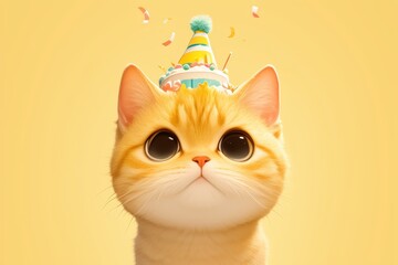 A cute orange cat wearing a birthday hat on a pastel background