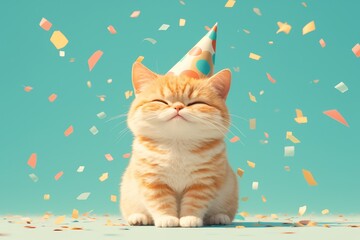 A cute orange cat wearing a birthday hat on a pastel background
