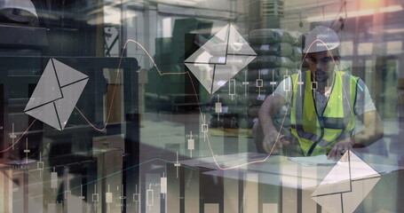 Image of financial data processing with envelope icons over caucasian male worker in warehouse