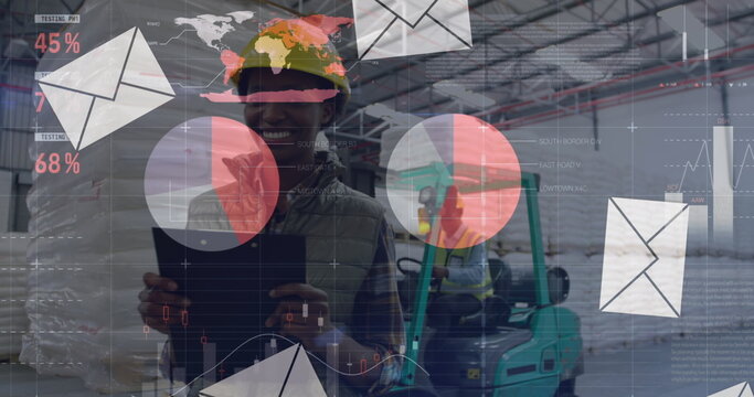 Image of financial data processing with envelope icons over african american worker in warehouse - Powered by Adobe