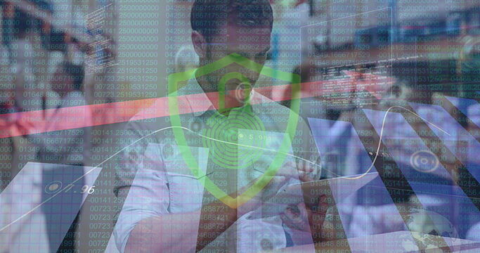 Image of padlock icon and data processing over caucasian male worker in warehouse