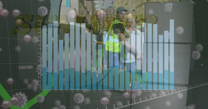Image of financial data processing and virus cells over diverse workers in warehouse