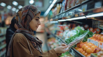 Middle Eastern women wearing hijab comparing prices at a grocery store