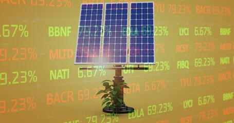 Image of financial data processing over solar panel on yellow background