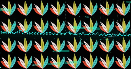 Image of rows of leaves over graph and data processing on black background