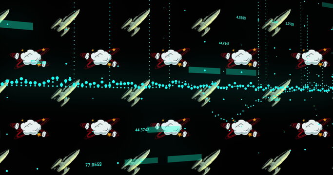 Image of graph and data processing over rocket ships and clouds on black background