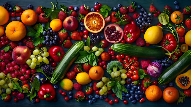 Background of vegetables, fruits and berries. Top view of organic plant products for healthy eating. Bright colorful illustration that awakens your appetite. Illustration for cover or interior design.