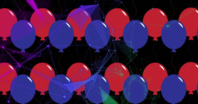 Image of communication network over red and blue balloons repeated on black background