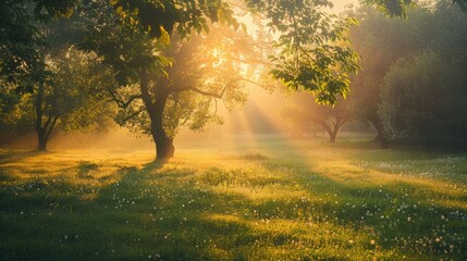 Fototapeta premium Tranquil sunrise over peach orchard bathed in soft light, harmonizing with peach fuzz colors for a serene setting. Peach fuzz color