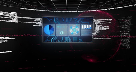 Image of globe, graphs and data processing on screens on black background